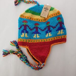 Cheveux Hand Made 100% Wool Earflap Beanie Hat Nepal Fleece Lined Multi-Color